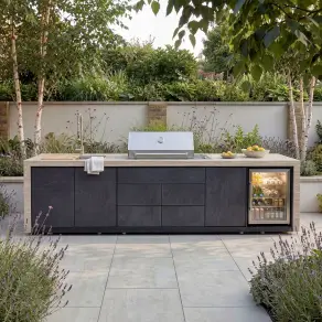 Monarch Linear Outdoor Kitchen - 4 Burner Gas Grill, Sink & Single Fridge