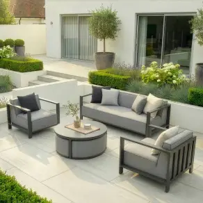Fabric Ibiza 3 Seat Sofa Set - Round Coffee Table & 3 Footstools