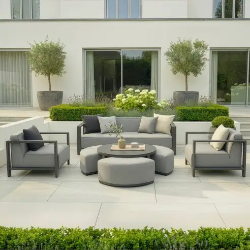 Fabric Ibiza 3 Seat Sofa Set - Round Coffee Table & 3 Footstools