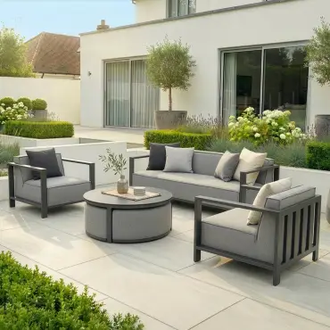 Fabric Ibiza 3 Seat Sofa Set - Round Coffee Table & 3 Footstools