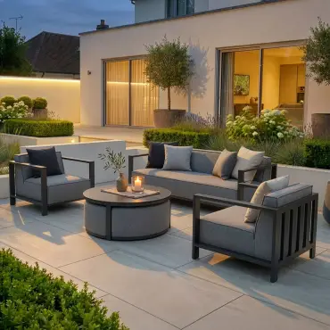 Fabric Ibiza 3 Seat Sofa Set - Round Coffee Table & 3 Footstools