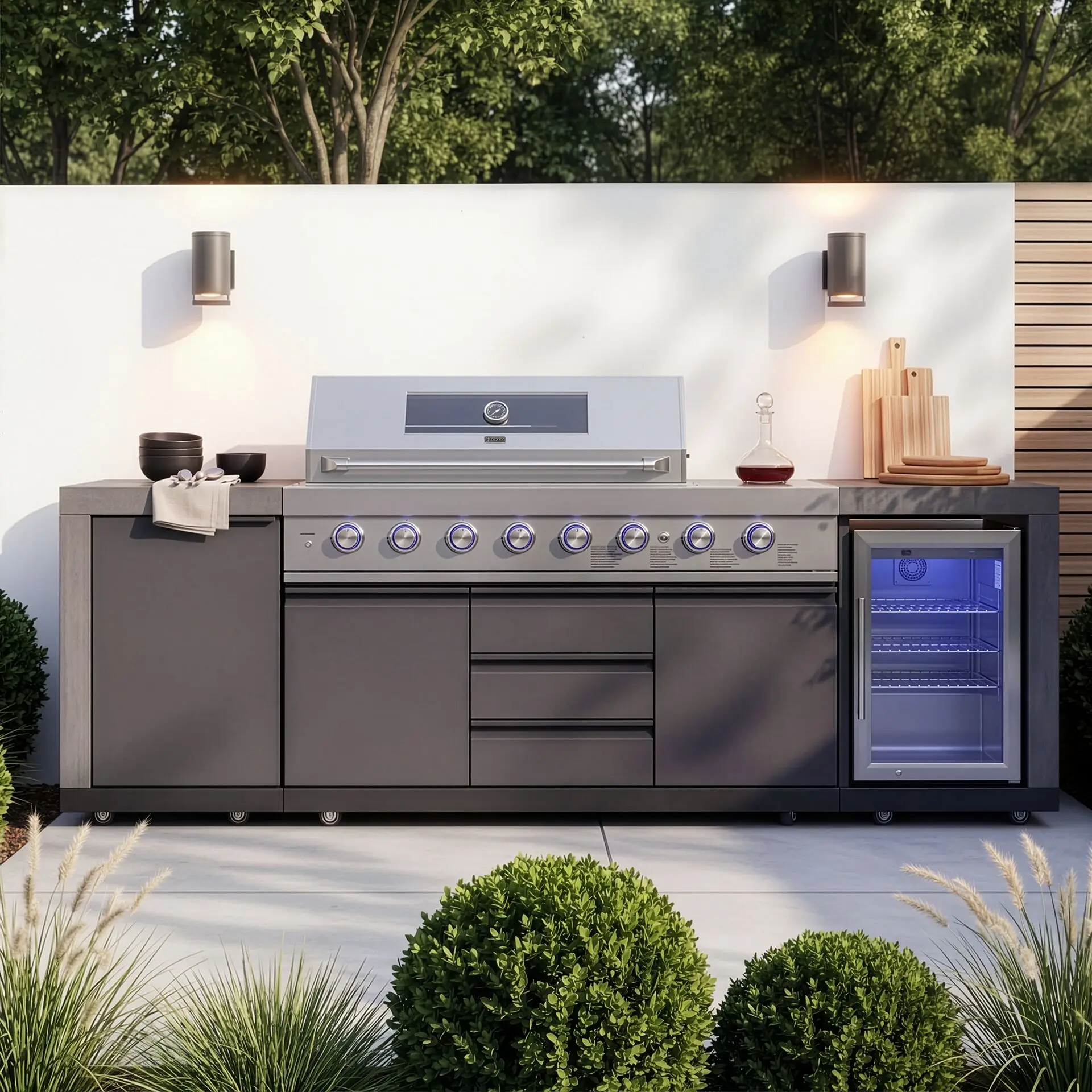 Ember Linear Outdoor Kitchen with 6 Burner Gas Grill & Single Fridge