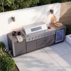 Ember Linear Outdoor Kitchen with 6 Burner Gas Grill & Single Fridge