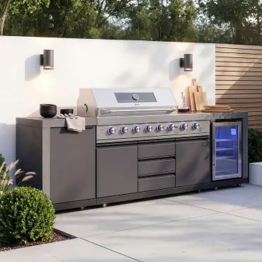 Ember Linear Outdoor Kitchen with 6 Burner Gas Grill & Single Fridge