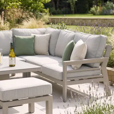 New York U-Shaped Aluminium Sofa Set with Ceramic Glass Rising Table - Latte