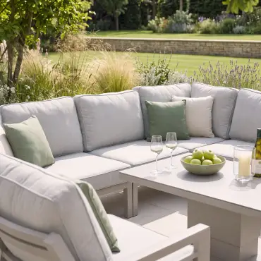 New York U-Shaped Aluminium Sofa Set with Ceramic Glass Rising Table - Latte