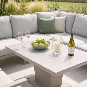 New York U-Shaped Aluminium Sofa Set with Ceramic Glass Rising Table - Latte