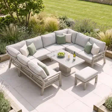 New York U-Shaped Aluminium Sofa Set with Ceramic Glass Rising Table - Latte