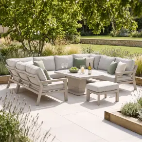 New York U-Shaped Aluminium Sofa Set with Ceramic Glass Rising Table - Latte