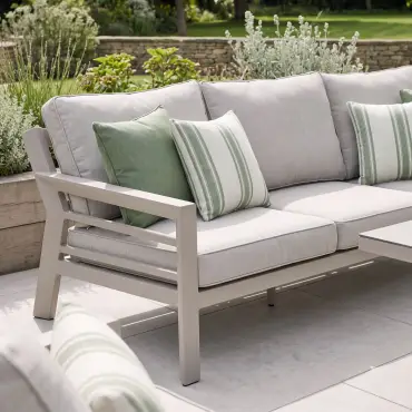 New York Aluminium Corner Sofa Dining Set with Ceramic Glass Rising Table - Latte