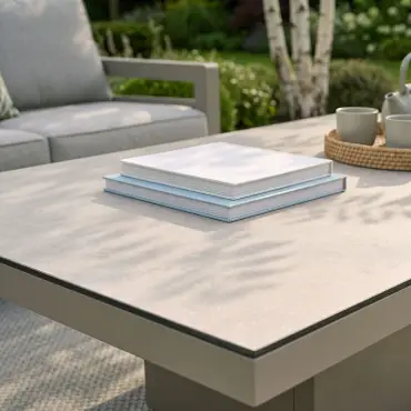 New York Aluminium Corner Sofa Dining Set with Ceramic Glass Rising Table - Latte