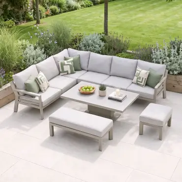 New York Aluminium Corner Sofa Dining Set with Ceramic Glass Rising Table - Latte