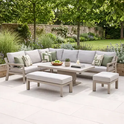 New York Aluminium Corner Sofa Dining Set with Ceramic Glass Rising Table - Latte