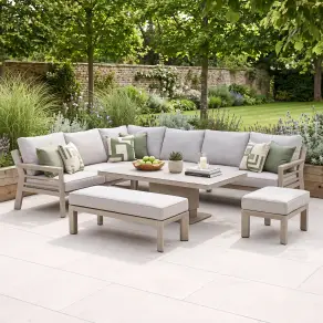 New York Aluminium Corner Sofa Dining Set with Ceramic Glass Rising Table - Latte