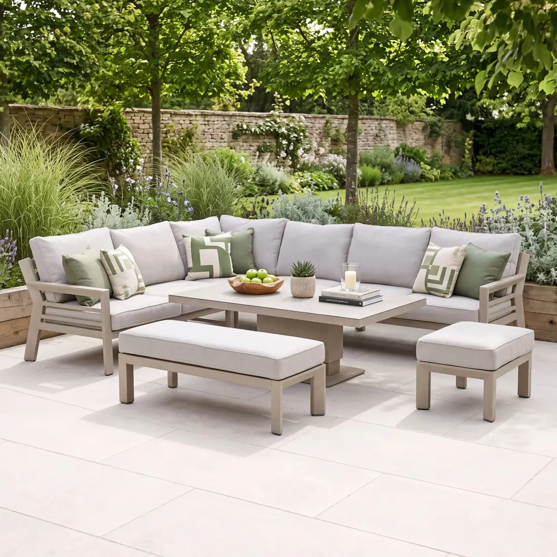 New York Aluminium Corner Sofa Dining Set with Ceramic Glass Rising Table - Latte