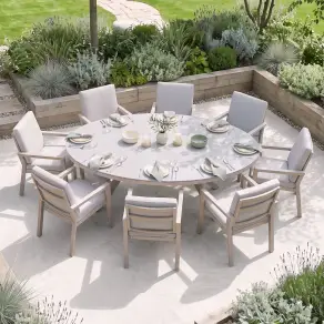 New York 8 Seat Oval Aluminium Ceramic Glass Dining Set - Latte