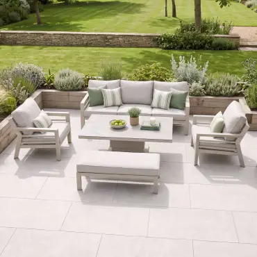 New York 3 Seat Sofa Aluminium Sofa Set with Ceramic Glass Rising Table - Latte