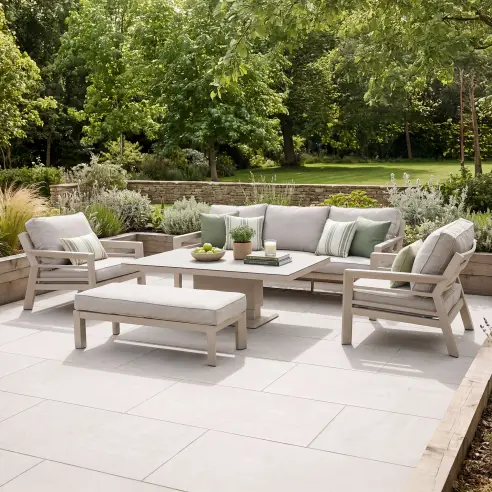 New York 3 Seat Sofa Aluminium Sofa Set with Ceramic Glass Rising Table - Latte