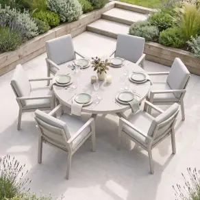 New York 6 Seat Round Aluminium Ceramic Glass Dining Set - Latte