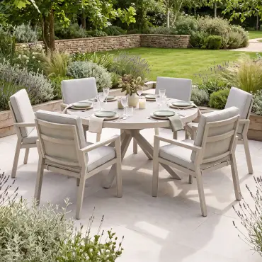 New York 6 Seat Round Aluminium Ceramic Glass Dining Set - Latte
