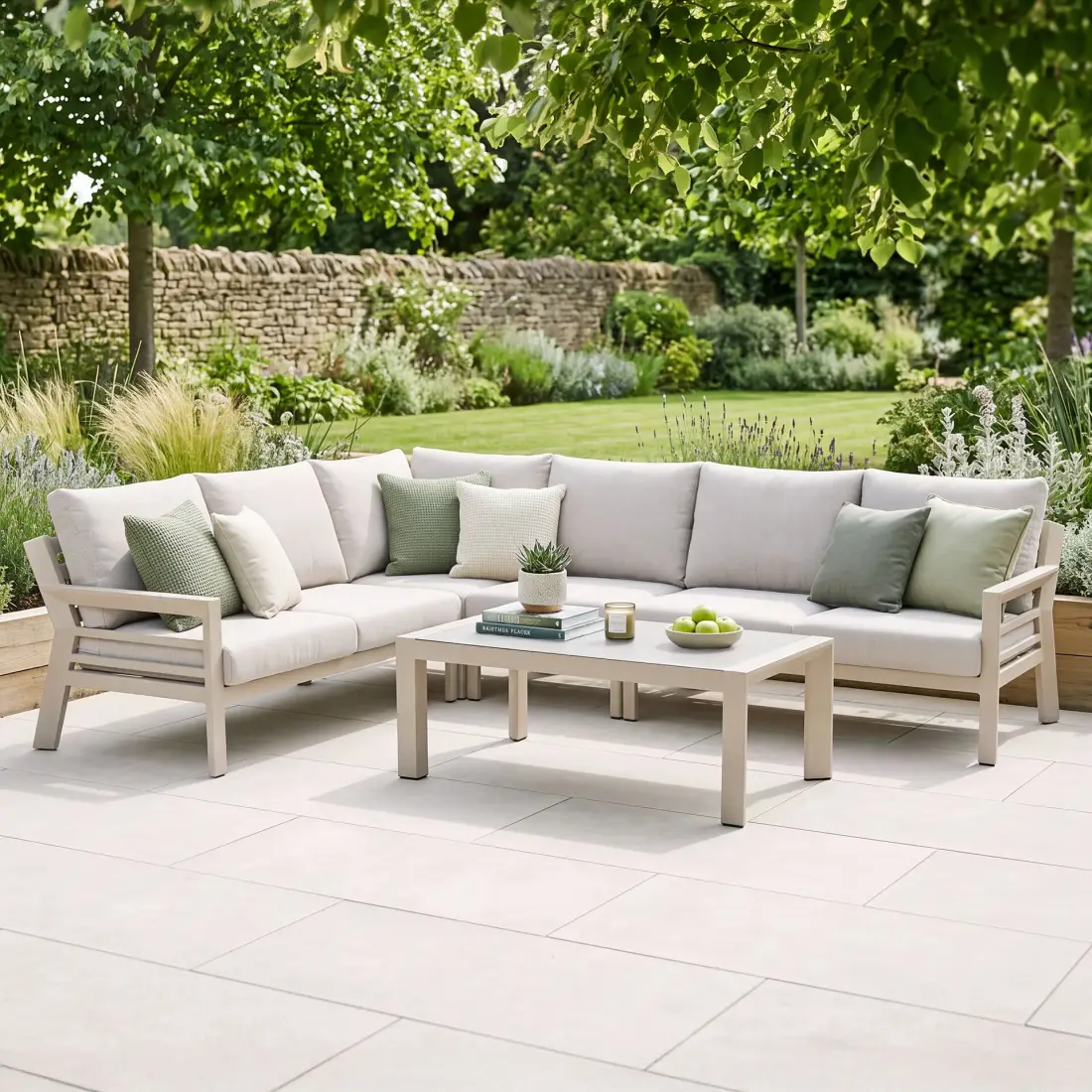 New York Aluminium Corner Sofa Set with Ceramic Glass Coffee Table - Latte