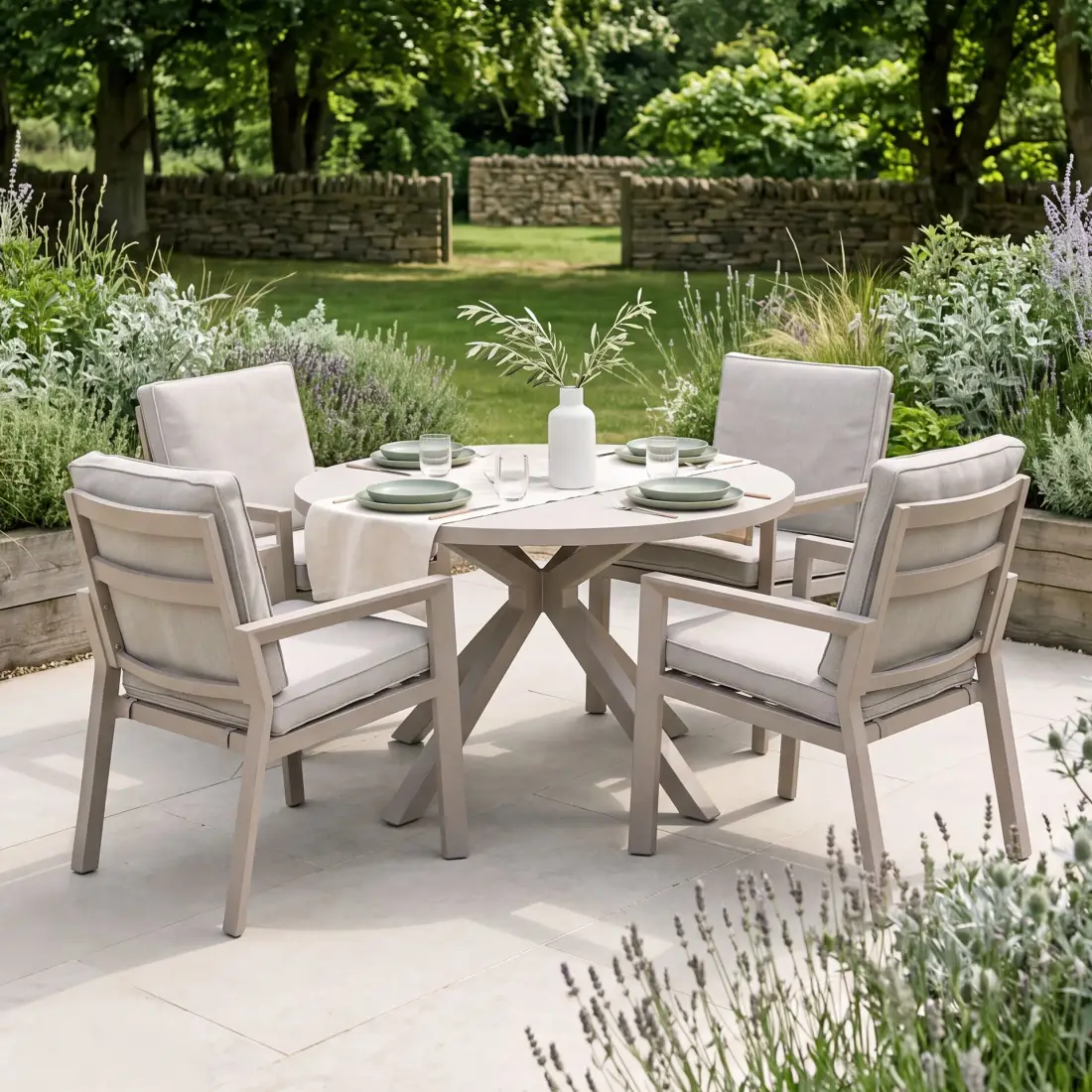 New York 4 Seat Round Aluminium Ceramic Glass Dining Set - Latte