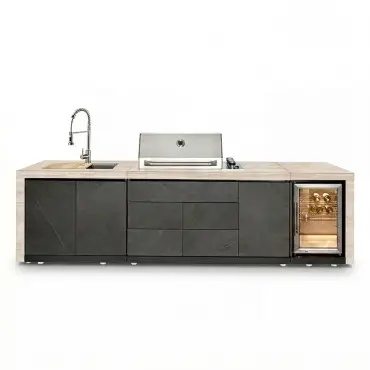 Monarch Linear Outdoor Kitchen with 4 Burner Gas Grill, Sink and Single Fridge