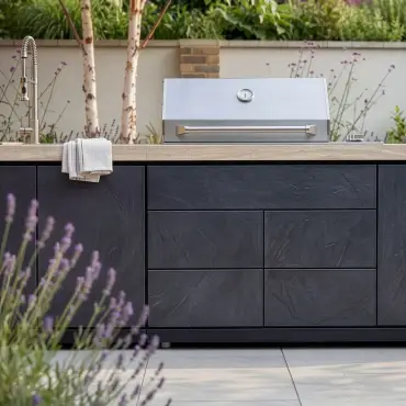 Monarch Linear Outdoor Kitchen with 4 Burner Gas Grill, Sink and Single Fridge