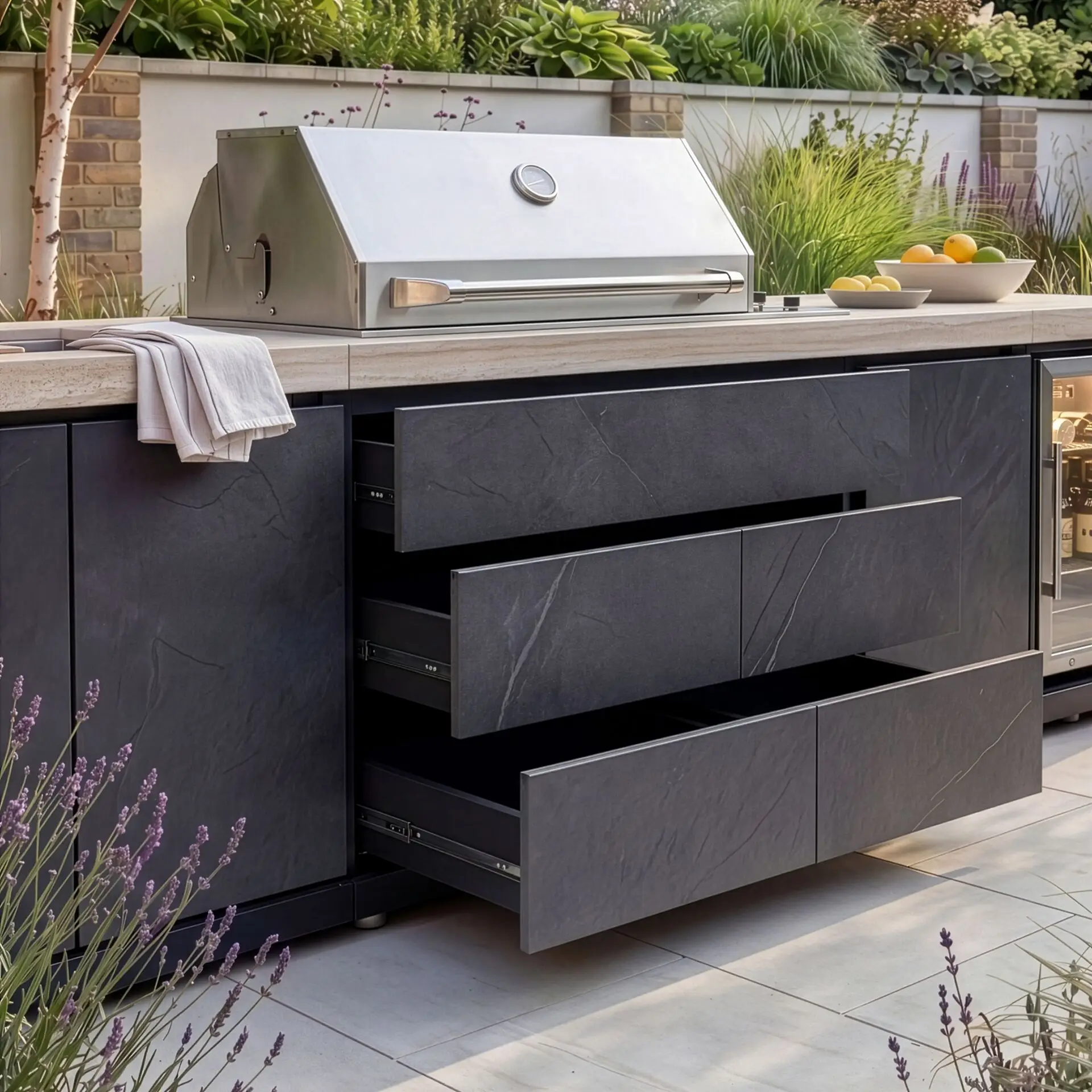 Monarch Linear Outdoor Kitchen with 4 Burner Gas Grill, Sink and Single Fridge