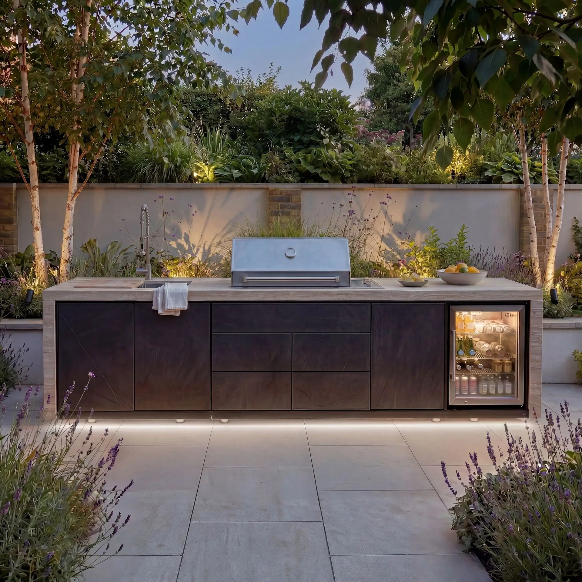 Monarch Linear Outdoor Kitchen with 4 Burner Gas Grill, Sink and Single Fridge