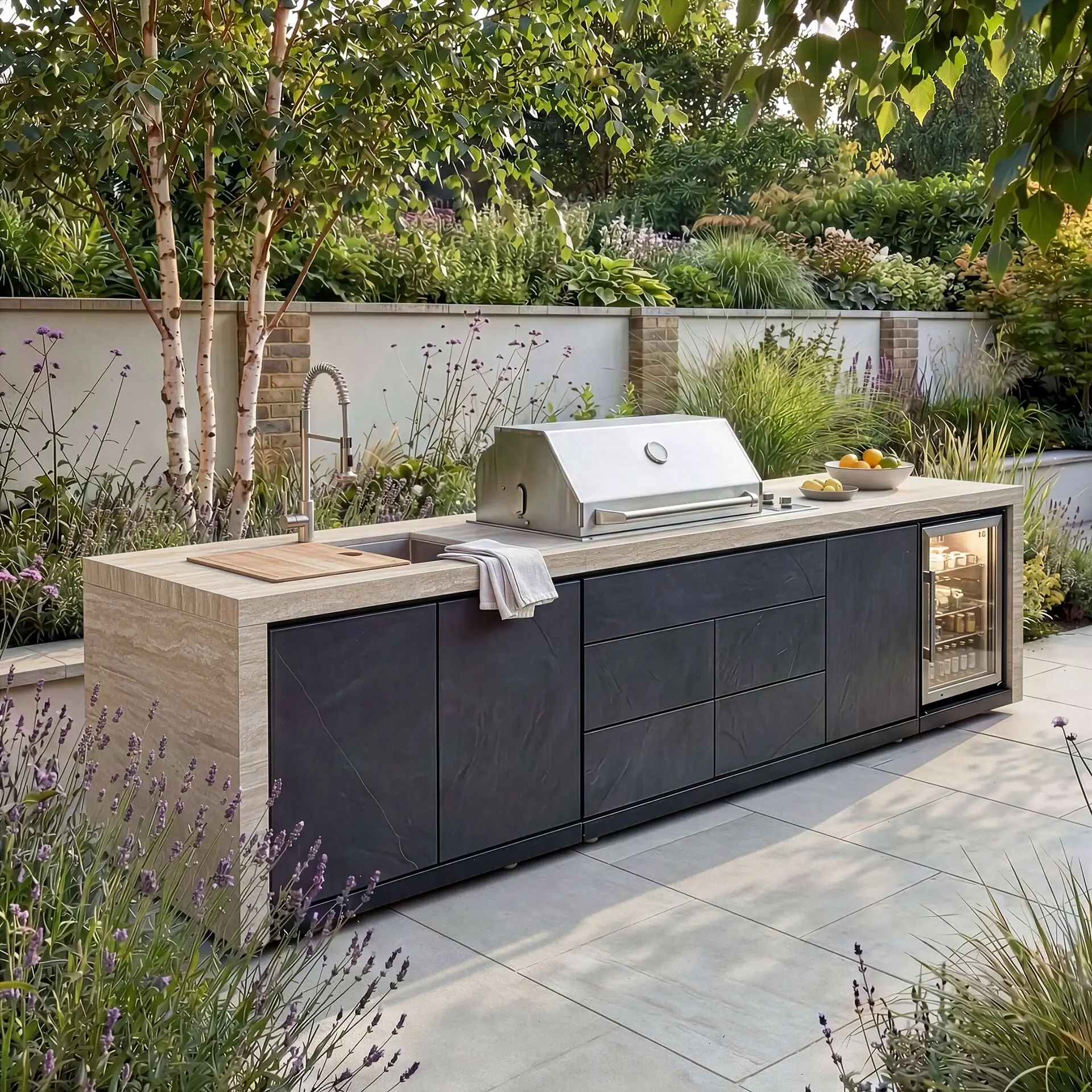 Monarch Linear Outdoor Kitchen with 4 Burner Gas Grill, Sink and Single Fridge