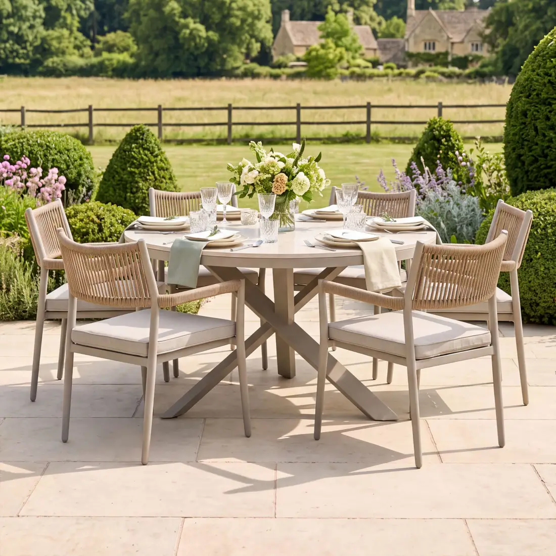 Cambridge Rattan Rope 6 Seat Round Sintered Stone Dining Set Cambridge Rattan Rope 6 Seat Round Sintered Stone Dining Set