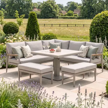 Cambridge Rattan Rope Corner Sofa Dining Set - Sintered Stone Rising Table & 2 Footstools