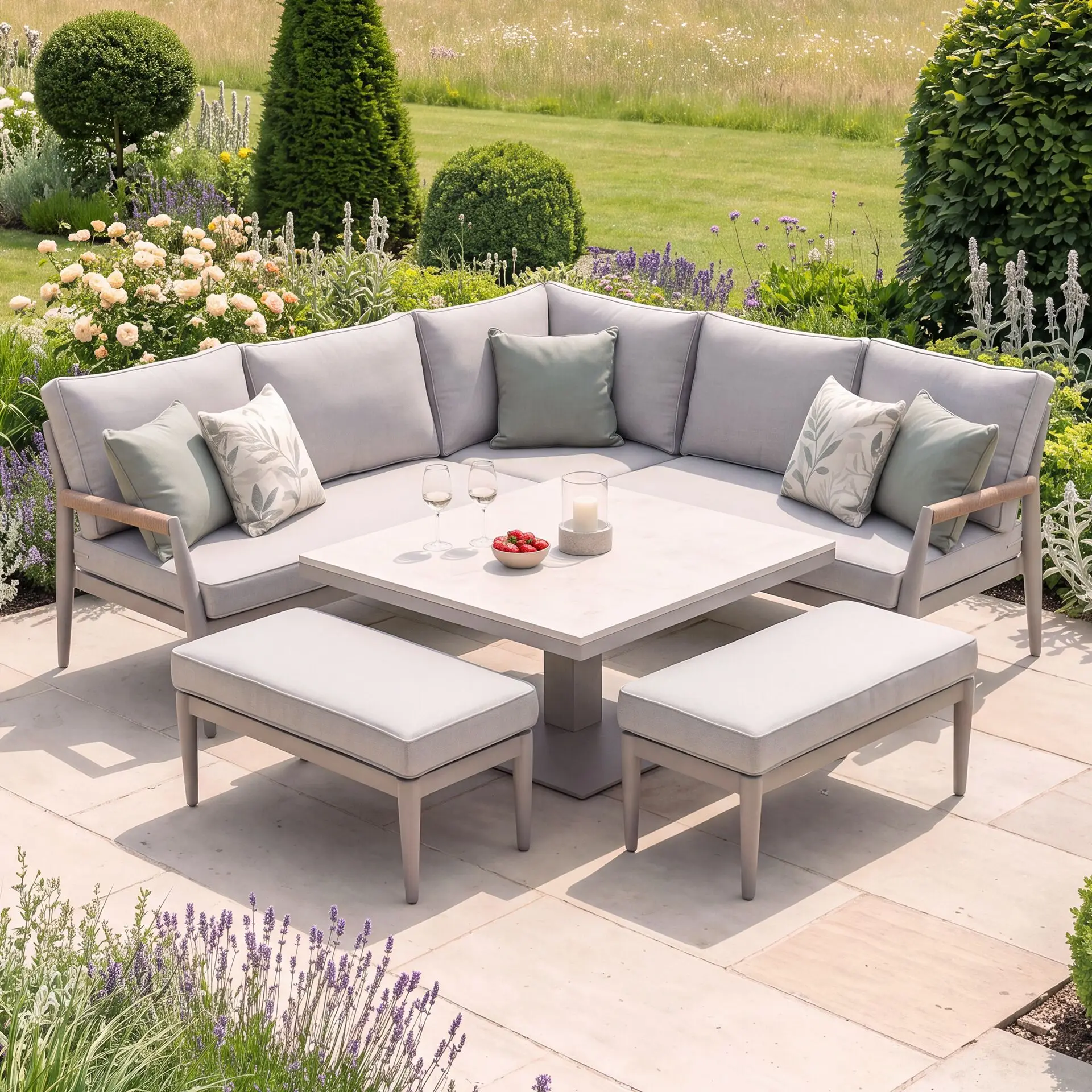 Cambridge Rattan Rope Corner Sofa Dining Set - Sintered Stone Rising Table & 2 Footstools