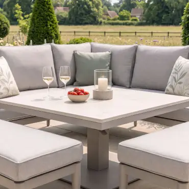 Cambridge Rattan Rope Corner Sofa Dining Set - Sintered Stone Rising Table & 2 Footstools