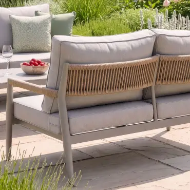 Cambridge Rattan Rope Corner Sofa Dining Set - Sintered Stone Rising Table & 2 Footstools
