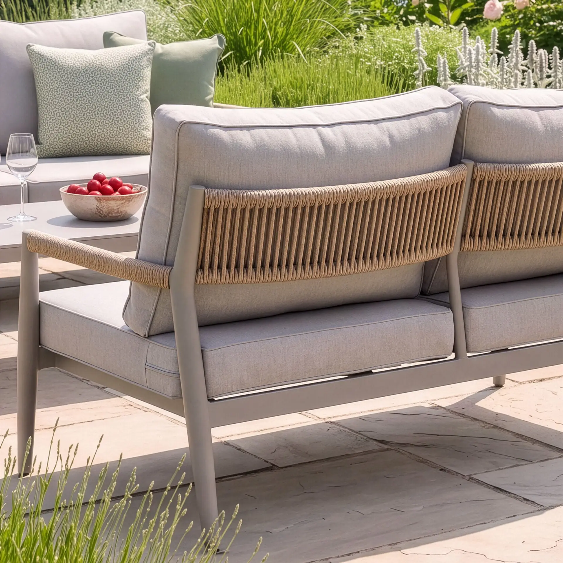 Cambridge Rattan Rope Corner Sofa Dining Set - Sintered Stone Rising Table & 2 Footstools