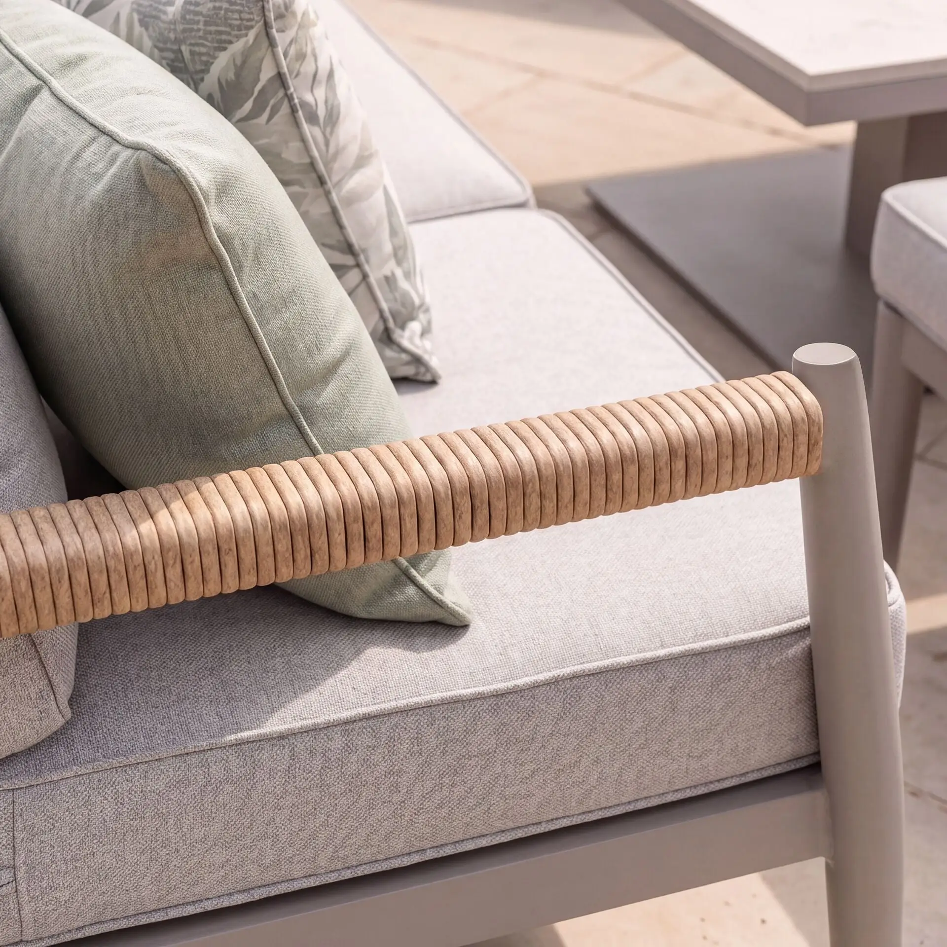 Cambridge Rattan Rope Corner Sofa Dining Set - Sintered Stone Rising Table & 2 Footstools