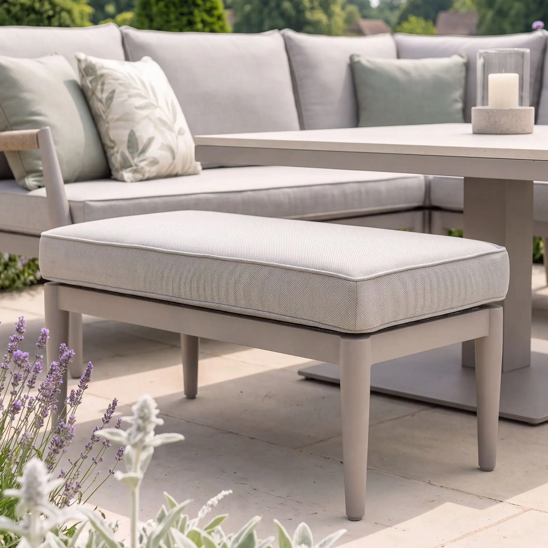 Cambridge Rattan Rope Corner Sofa Dining Set - Sintered Stone Rising Table & 2 Footstools
