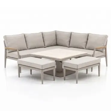 Cambridge Rattan Rope Corner Sofa Dining Set - Sintered Stone Rising Table & 2 Footstools