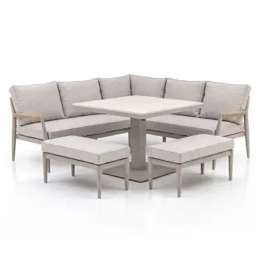 Cambridge Rattan Rope Corner Sofa Dining Set - Sintered Stone Rising Table & 2 Footstools