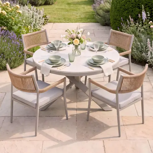 Cambridge Rattan Rope 4 Seat Round Sintered Stone Dining Set Cambridge Rattan Rope 4 Seat Round Sintered Stone Dining Set