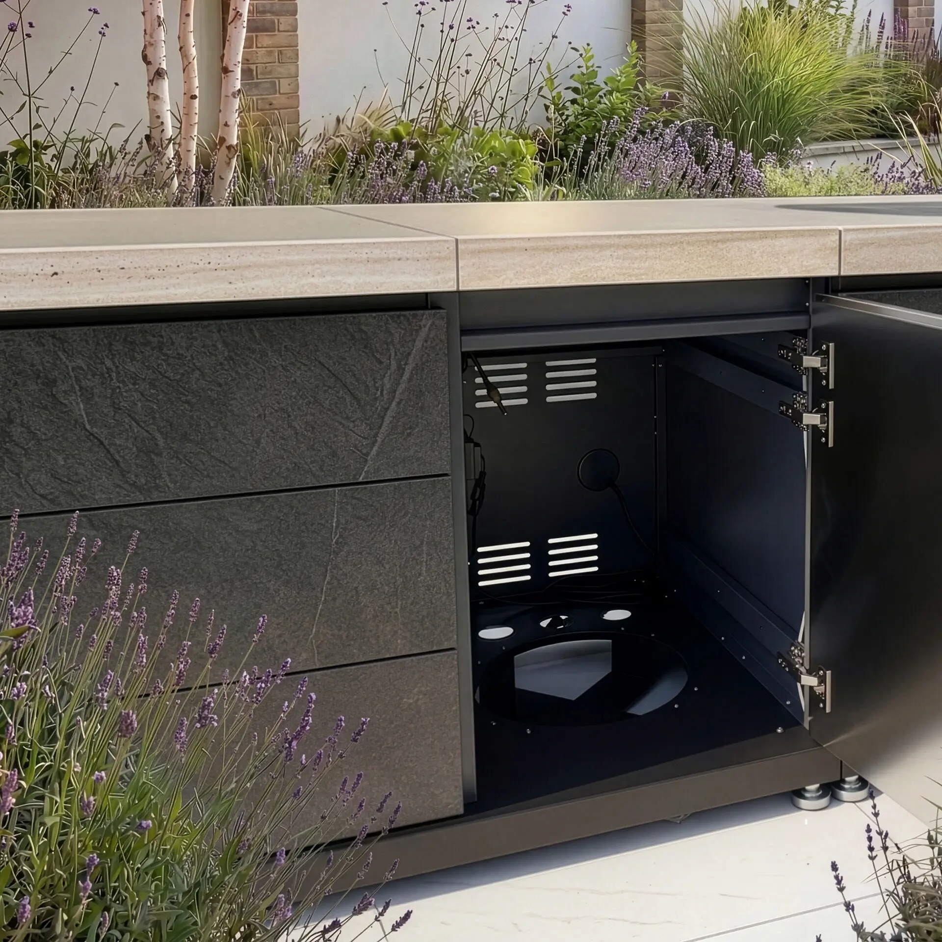 Monarch Linear Outdoor Kitchen with 4 Burner Gas Grill, Sink and Single Fridge