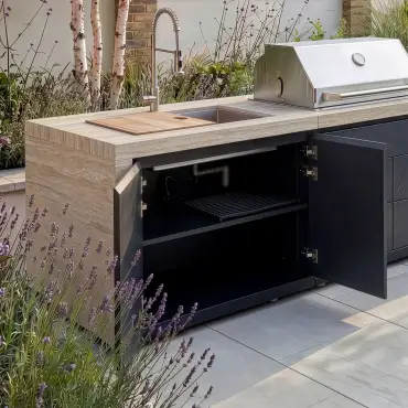 Monarch Linear Outdoor Kitchen with 4 Burner Gas Grill, Sink and Single Fridge