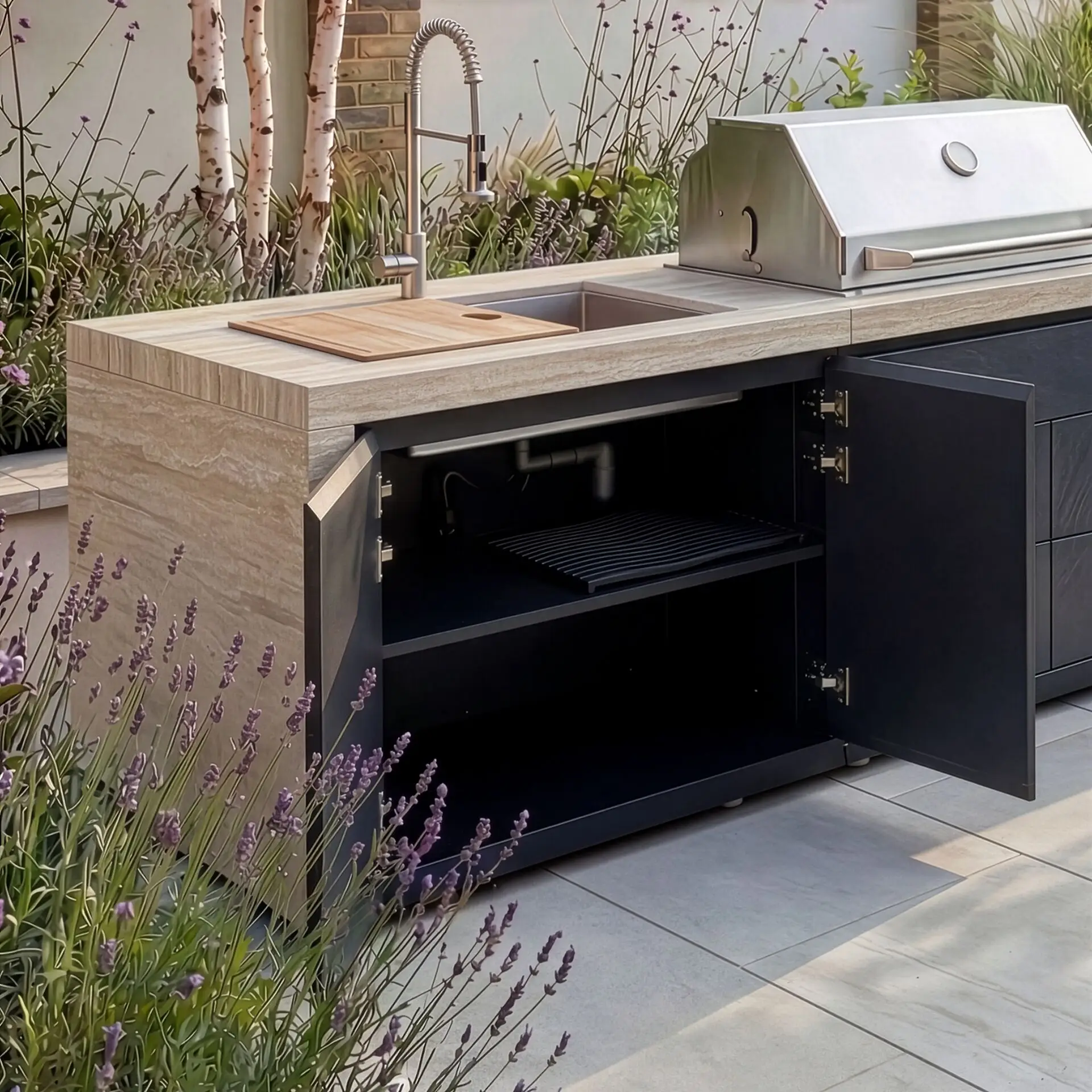 Monarch Linear Outdoor Kitchen with 4 Burner Gas Grill, Sink and Single Fridge