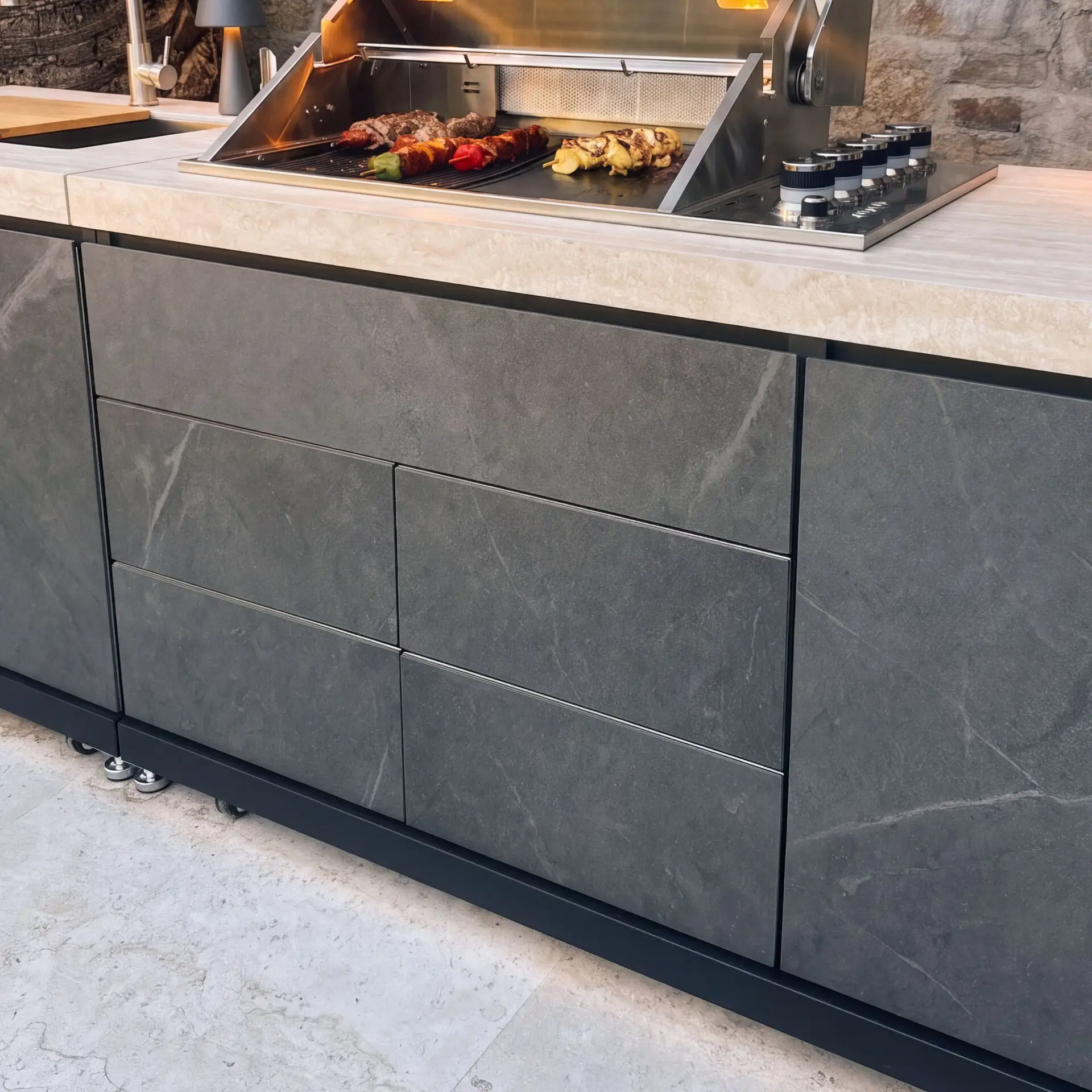 Monarch Linear Outdoor Kitchen with 4 Burner Gas Grill, Sink and Single Fridge