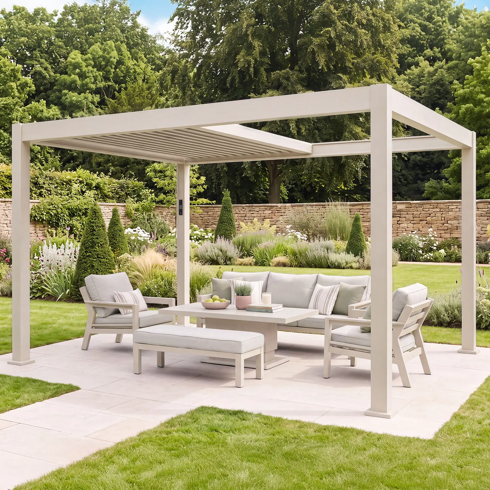 Aurora 3m x 4m Aluminium Retractable Roof Pergola with Solar Charging LED Lights - Latte