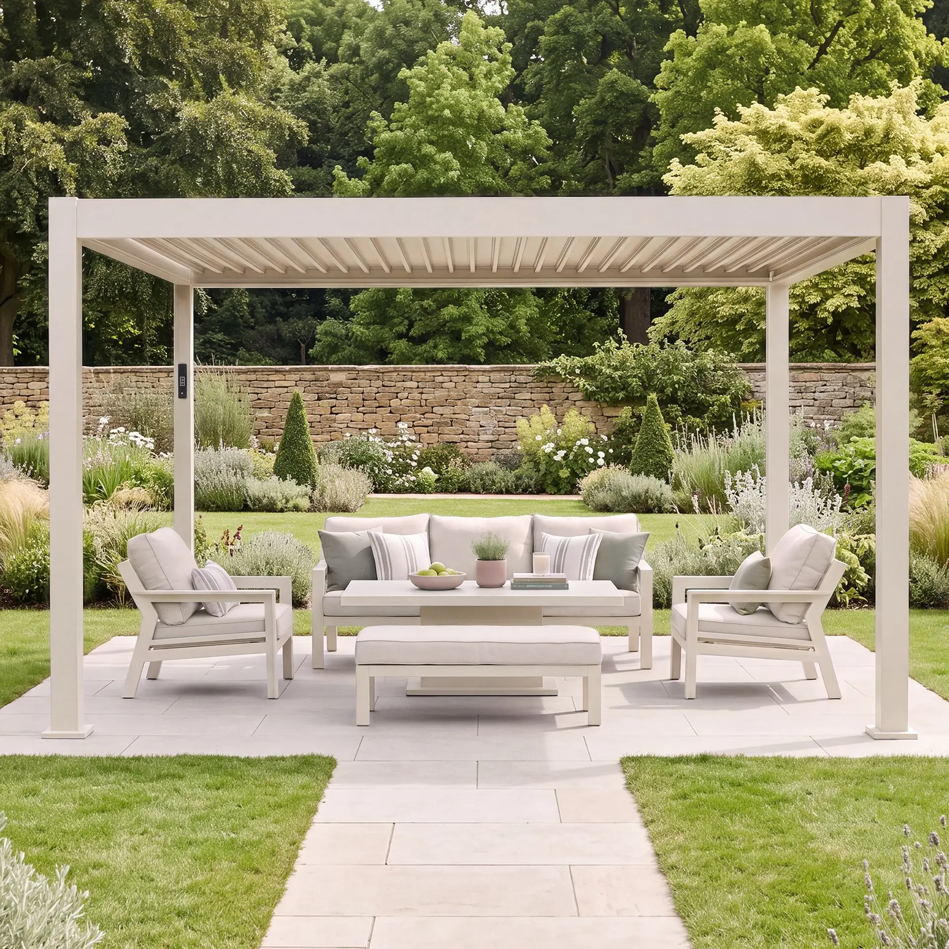 Aurora 3m x 4m Aluminium Retractable Roof Pergola with Solar Charging LED Lights - Latte