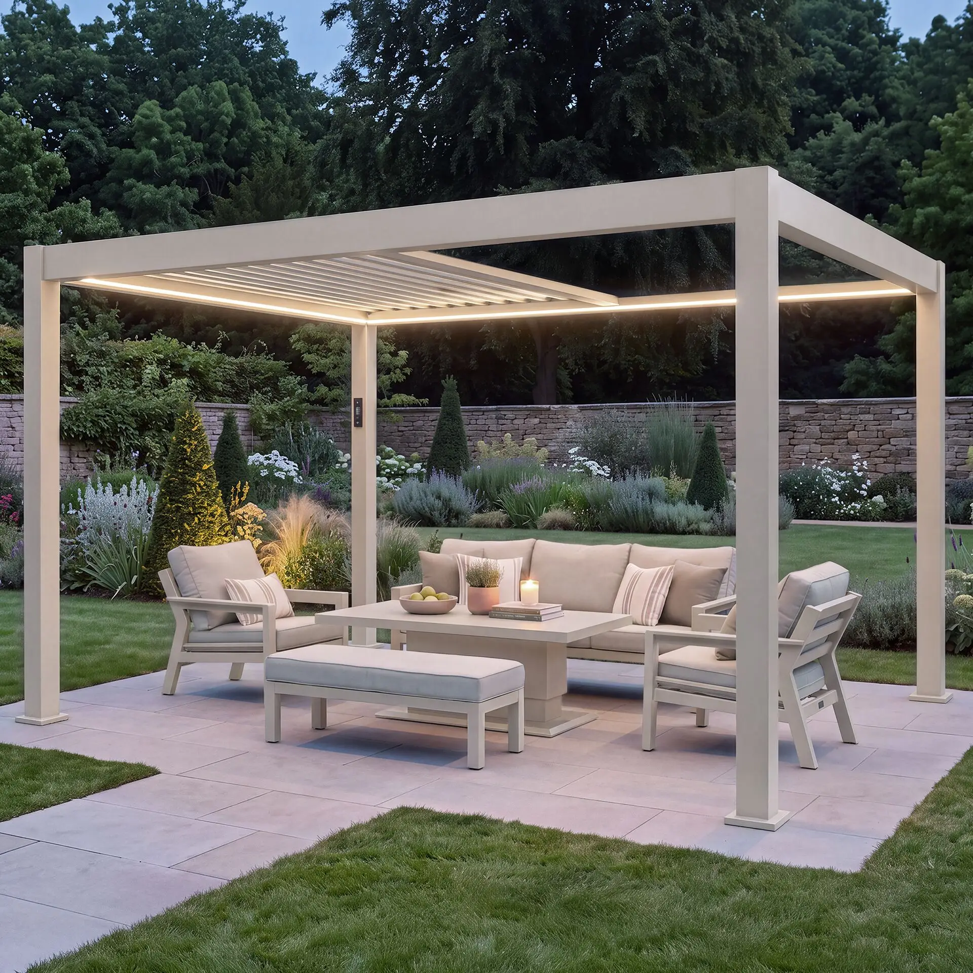 Aurora 3m x 4m Aluminium Retractable Roof Pergola with Solar Charging LED Lights - Latte