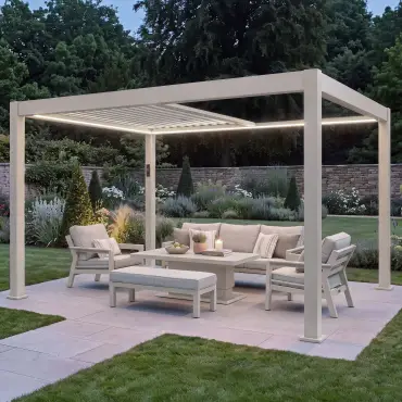 Aurora 3m x 4m Aluminium Retractable Roof Pergola with Solar Charging LED Lights - Latte